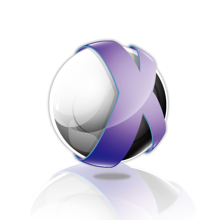 黒と紫が印象的な「X」が球体を取り巻くロゴマーク