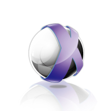 黒と紫が印象的な「X」が球体を取り巻くロゴマーク