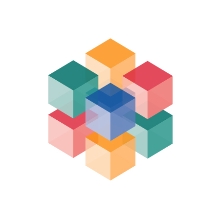 立方体が印象的な4色のまとまりのある、ロゴマーク